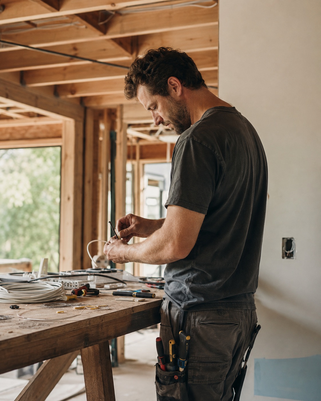 Tradesperson focused on the job at a residential renovation